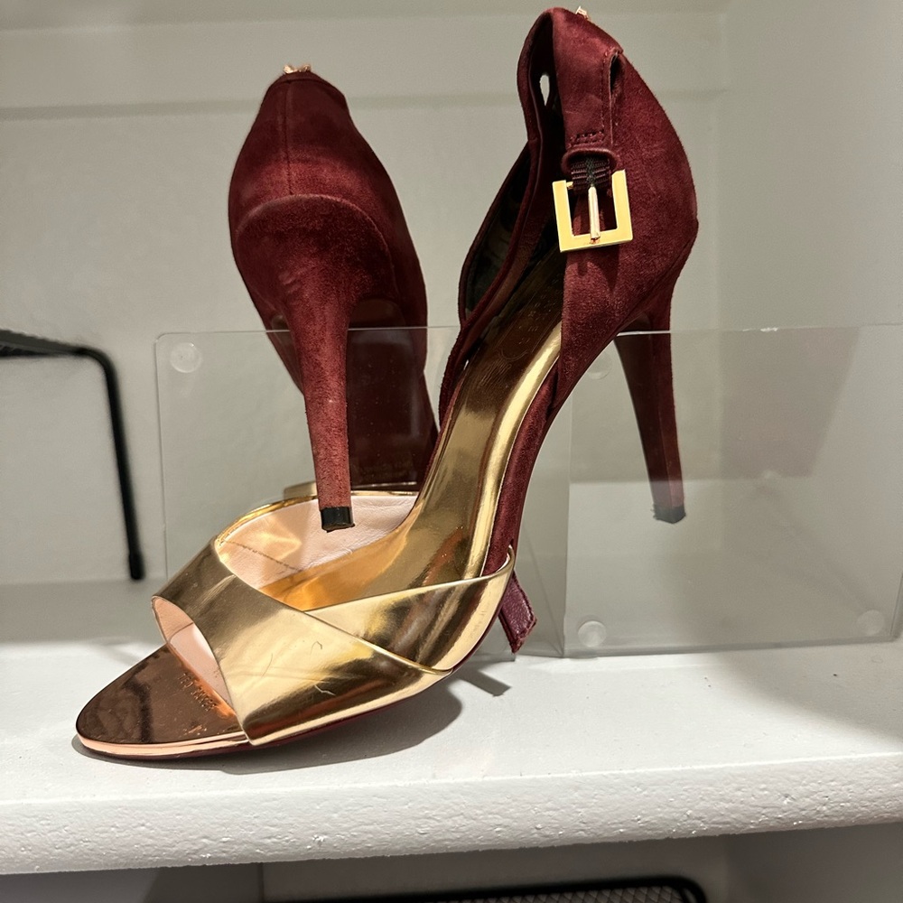 Ted Baker Red and Gold High Heels with Peep-Toe